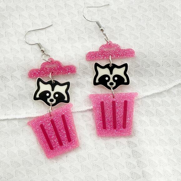 Funky Raccoon Trash Can Earrings: Glitter Acrylic, Quirky Jewelry - Picture 1 of 4